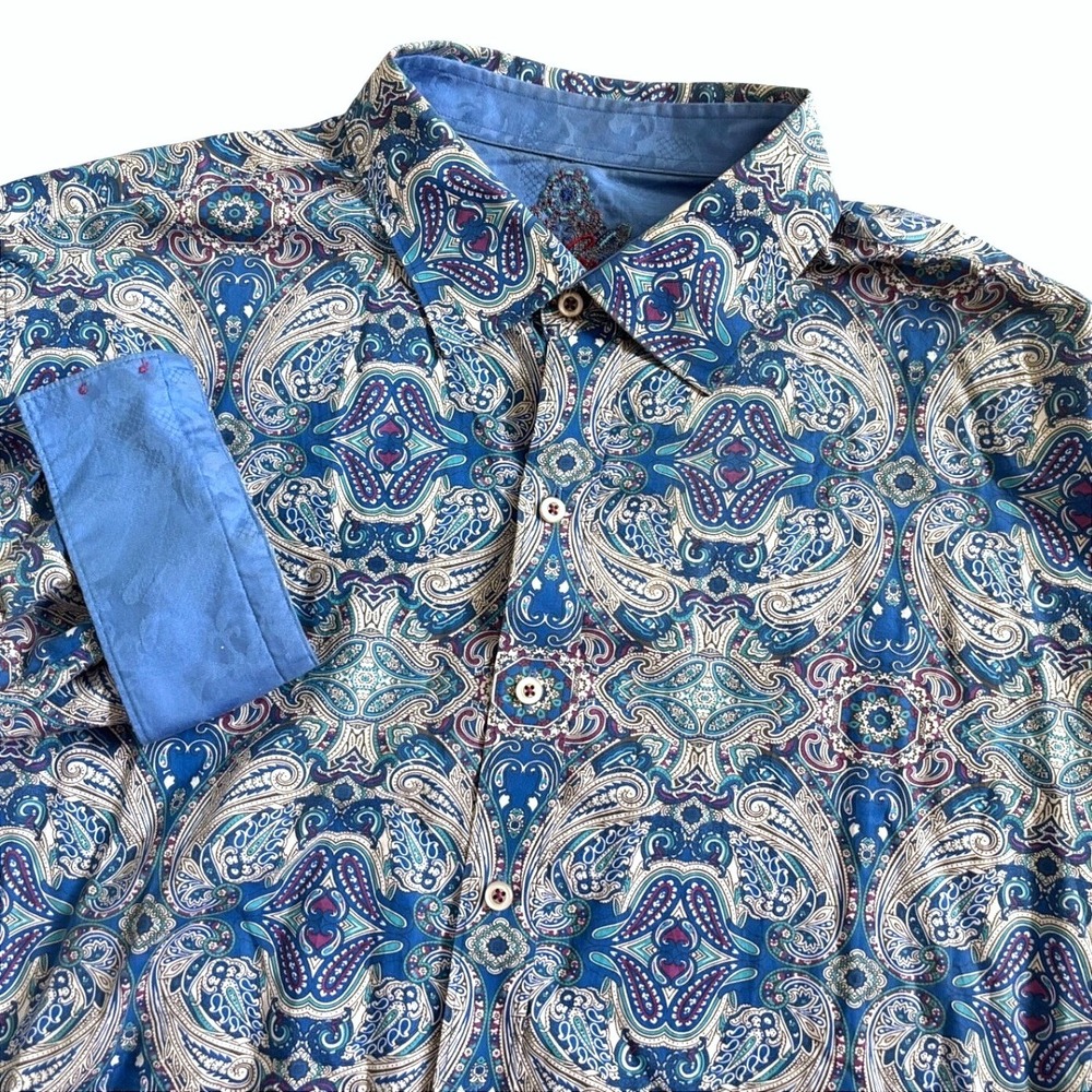 Robert Graham Retro Psychedelic Cotton Paisley Dress Shirt Men 2XL Blue Hippie